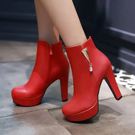 New Sexy Womens Ankle Boots Platform High Heels Boots Zipper Round Toe Winter Ladies Boots Black White Red Woman Plus-size 42 43