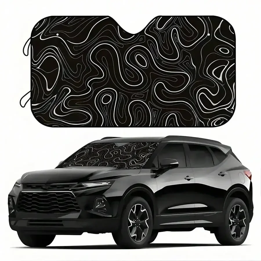 

Black And White Wavy Pattern Foldable Car Sunshade For Front Windshield UV Heat Protection