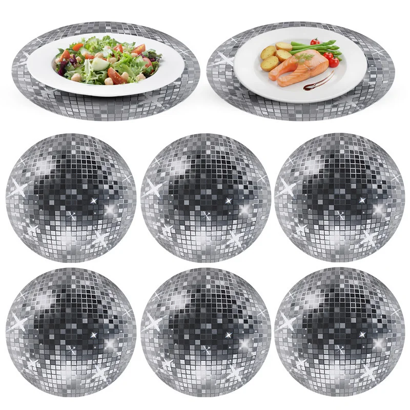 10Pcs Disco Ball Placemats Round Silver Mirror Disco Ball Table Mats Glitter Table Mats 70s Disco Themed Party Table Decorations