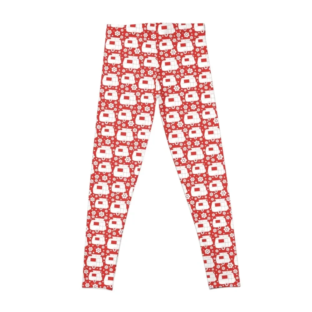 Daisy Polka Dot Vintage Caravan Pattern in Red and White Leggings Women's high waist active wear Womens Leggings