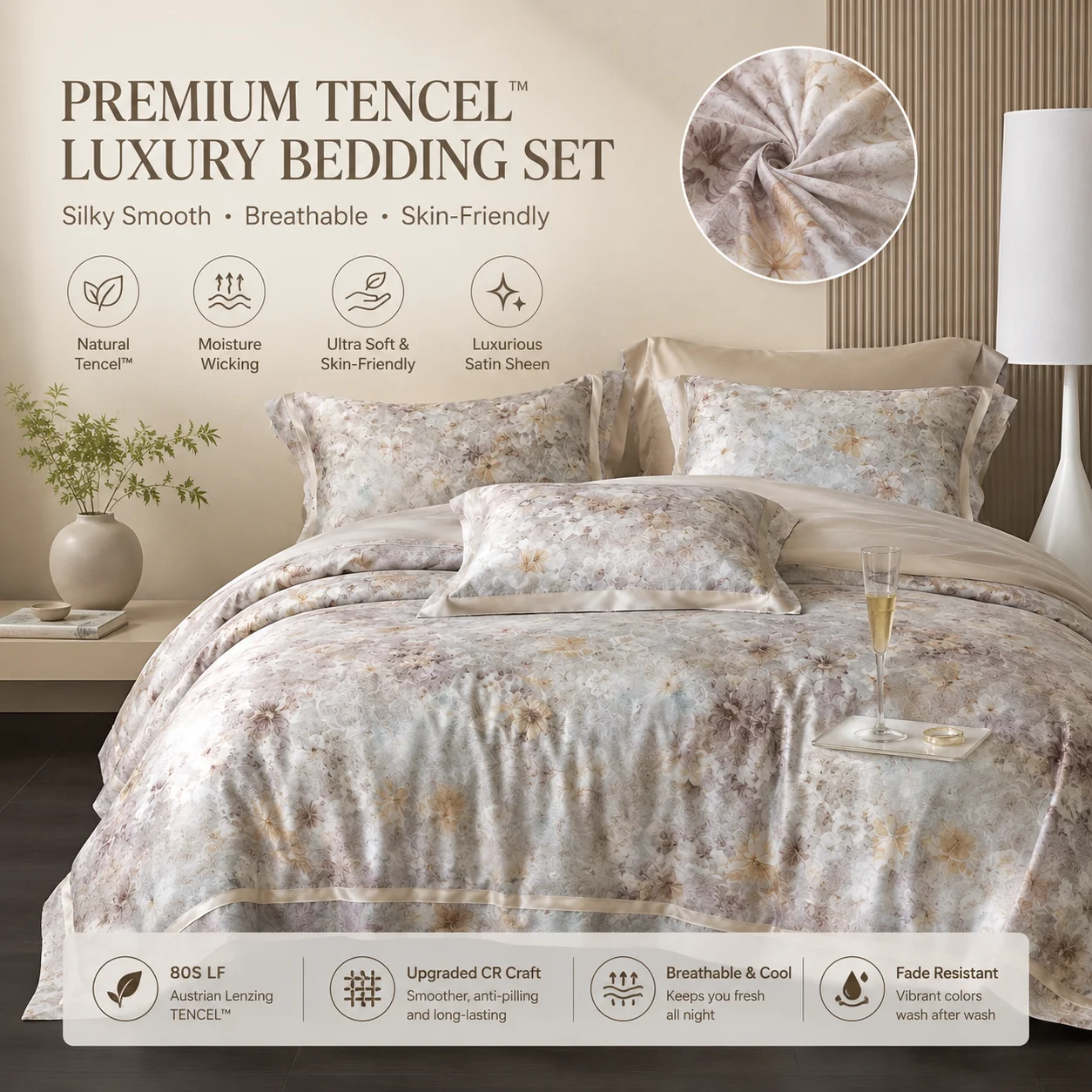 Luxury Floral Digital Print Bed Linens, Soft Cooling Tencel Bed Sheets Set, King & Queen Size Bedding Sets And Components