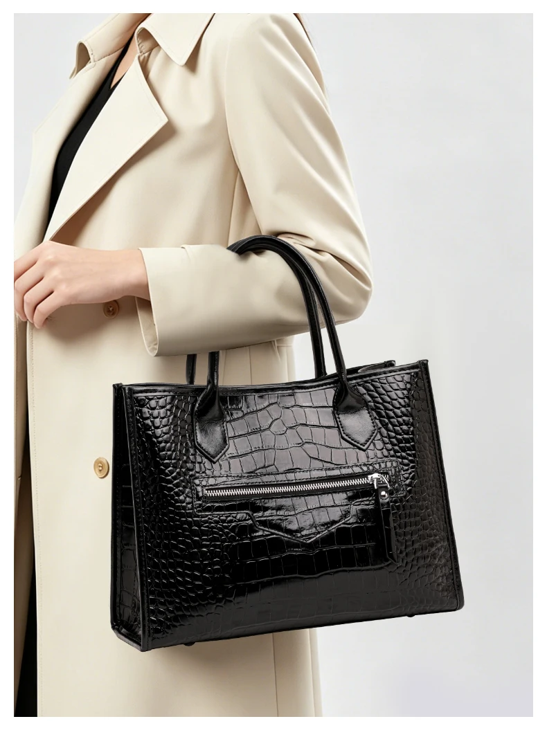 Damen-Ledertasche mit Krokodilmuster, Henkeltasche mit Reißverschluss vorne, Umhängetasche für die Arbeit – Detail 2