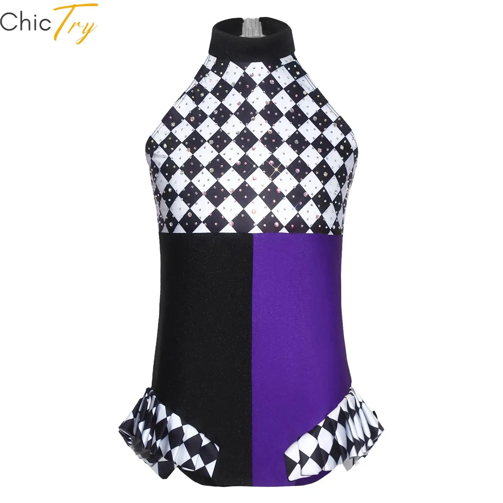 

Детский блестящий боди-комбинезон для танцев и балета с рюшами, без рукавов, с контрастными цветами и стразами, в стиле клоунской одежды