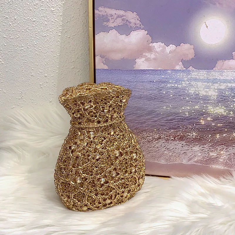 Women Luxury Full Rhinestone Bucket Evening Clutch Bag Gold Crystal Chain Handbag Wedding Banquet Cocktail Party Prom Purse - view 2