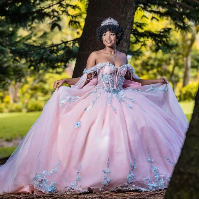 Personalizado rosa quinceanera vestidos fora do ombro lantejoulas borboleta apliques camadas arco cauda longa vestido 15 quinceanera