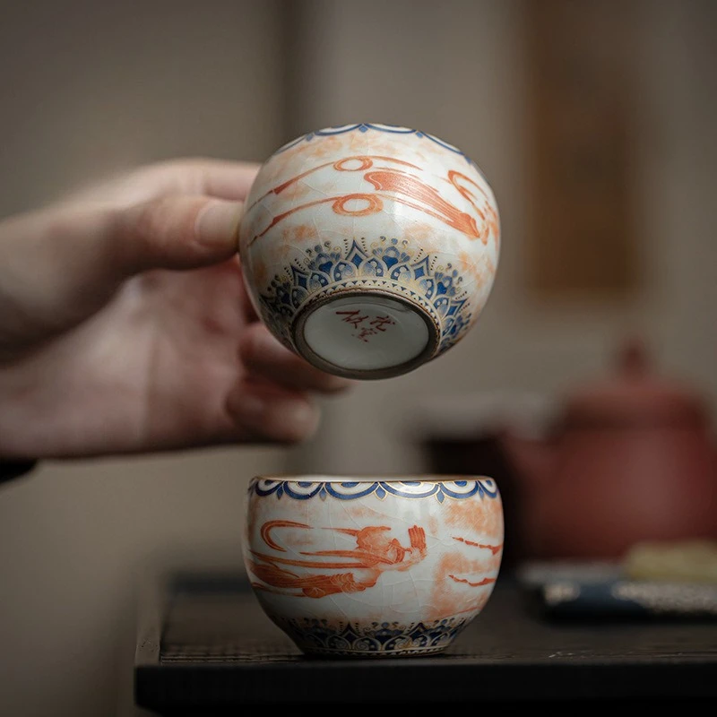 

50ML Chinese Dunhuang Apsaras Ceramic Tea Cup Ru Kiln Master Cup Personal Tea Cups Bowl Kung Fu Household Teaware Tea Ceremony
