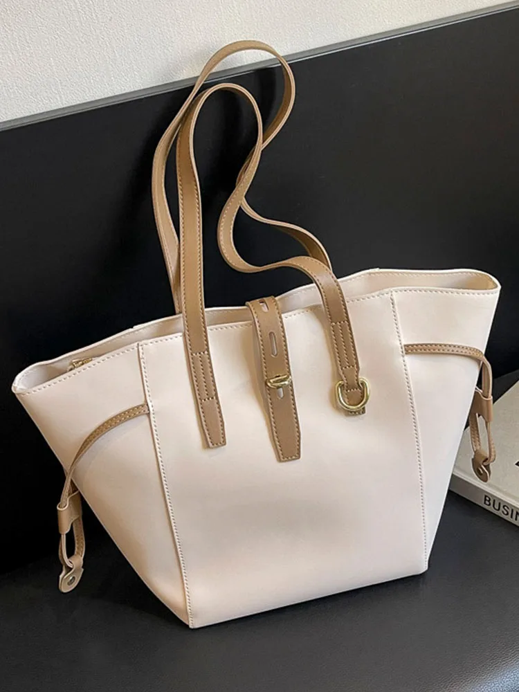 Vintage Large Capacity Tote Bag For Women Korean Simple Commuter Shoulder Bags 2024 New Autumn Winter Pu Leather Travel Handbags