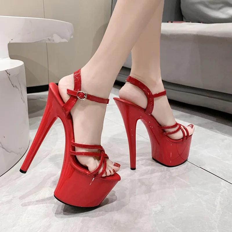 

Heeled Sandals Lady 20CM Thin Heel Super High Heel Open Toe Buckle Strap Single Shoe Women Summer Round Toe Wedding Banquet Shoe