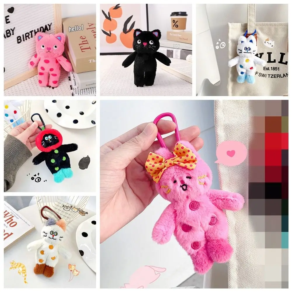 Fashion Stuffed Animal Polka Dot Cat Keychain Plush Doll Bag Pendant Cat Plush Key Ring Soft Anime Plush Toy Backpack Decor