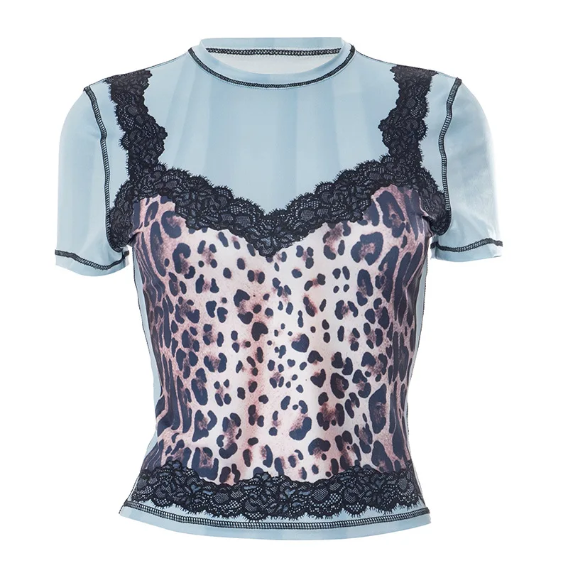تي شيرت صيفي جديد مريح ومتعدد الاستخدامات بقصة ضيقة وطباعة دانتيل الفهد للنساء