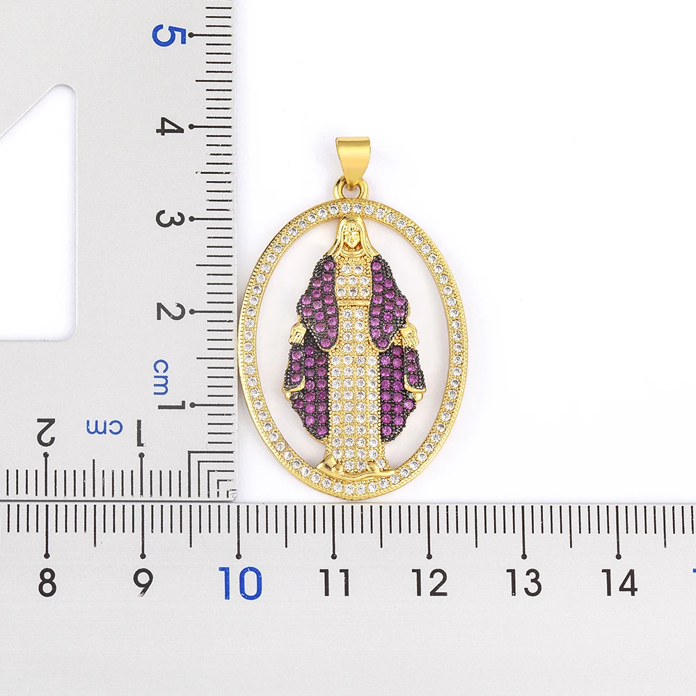 Nidin European and American Popular Personalized Geometric Oval Hollow Inlaid Zircon 5 Colors Virgin Mary Pendant Necklace Gift