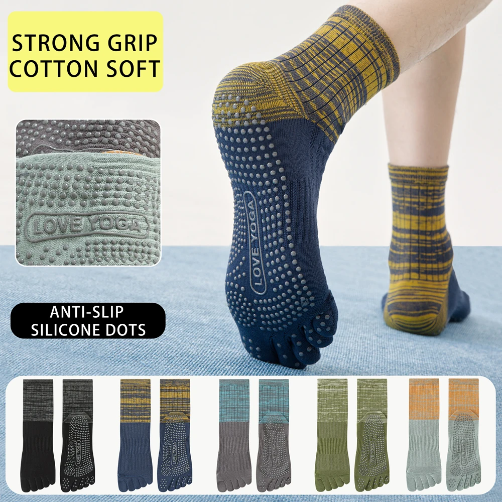 3Pairs Men's Cotton Yoga Socks Five Toe Grip Non Slip Pilates Socks Anti Odor Sweat Absorption Breathable Crew Socks For Fitness