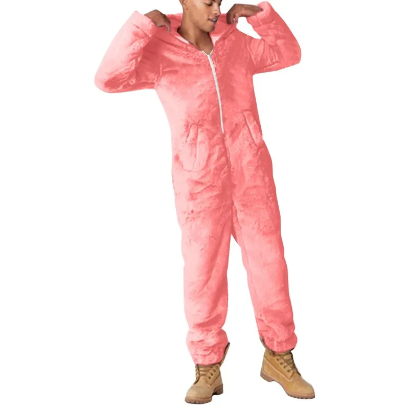 Popular Winter Thickened Double-sided Velvet Men's Solid Color Hooded One-piece Pajamas Casual Loungewear Men Jumpsuit image 4