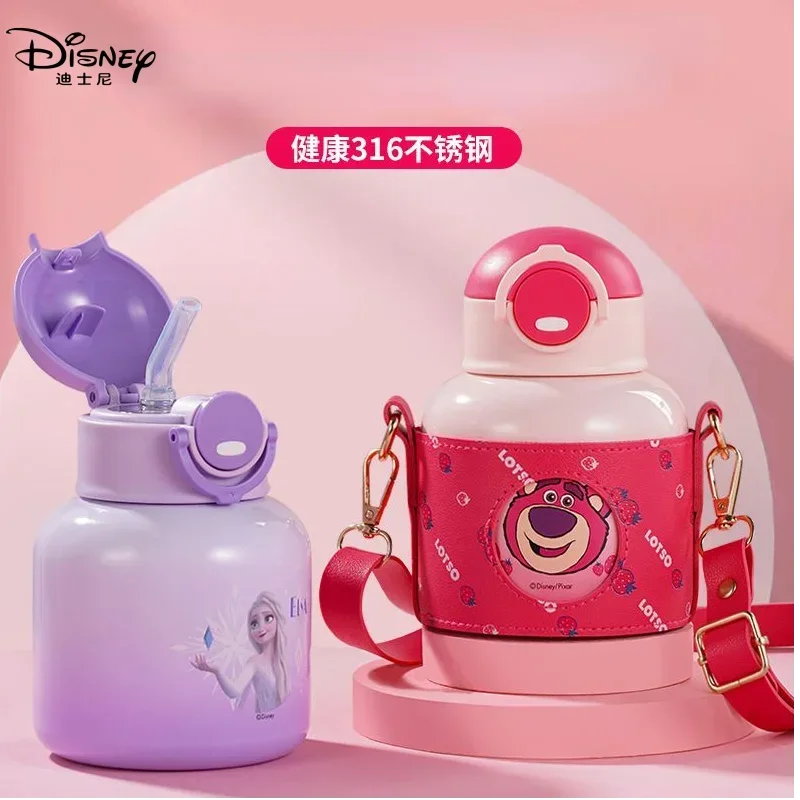 Frozen Elsa Mickey Lotso children's sweet and cute cartoon pattern stainless steel insulated kettle with straw and big belly