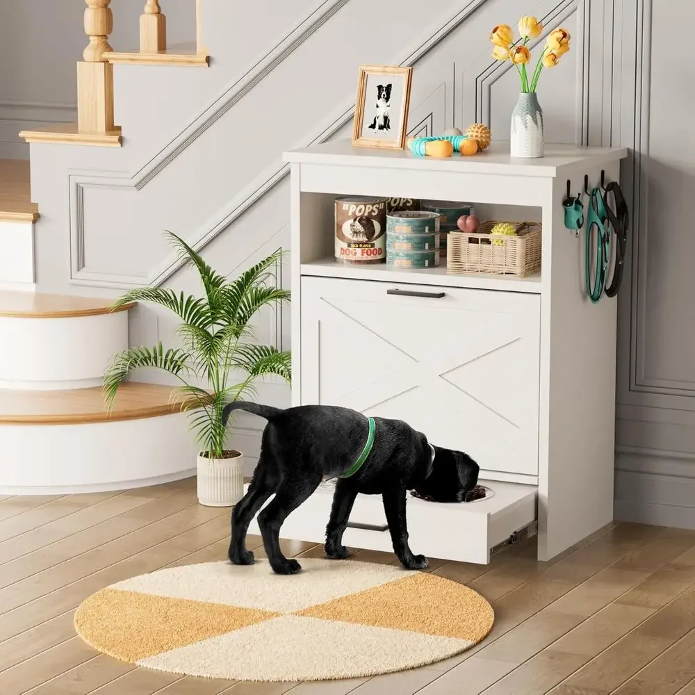 White Elevated Dog Bowls Storage Cabinet with Pet Feeding Station and Organizer