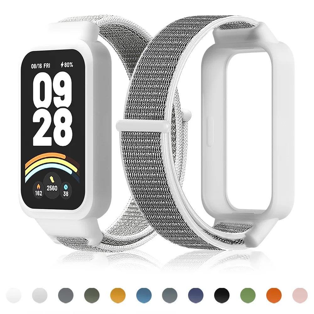 Nylon Loop Strap+Case for Xiaomi Smart Band 9 8 Active Accessories Sport Bracelet +Protective Bumper Shell Correa Redmi Band 3 2