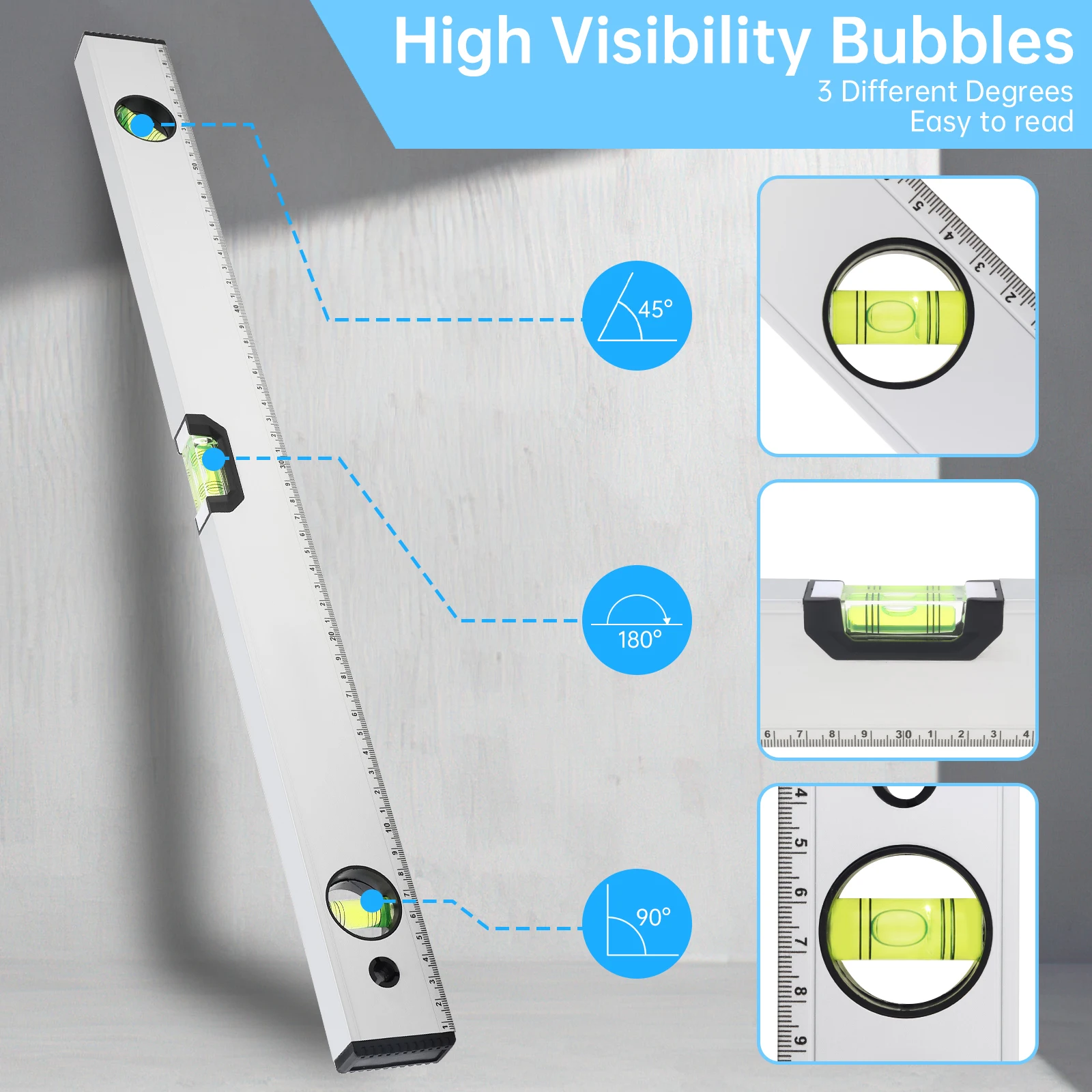 600mm Magnetic Aluminum Alloy Level Ruler for Building Decoration Measurement with 45 Degree,90 Degree,180 Degree Bubble Design