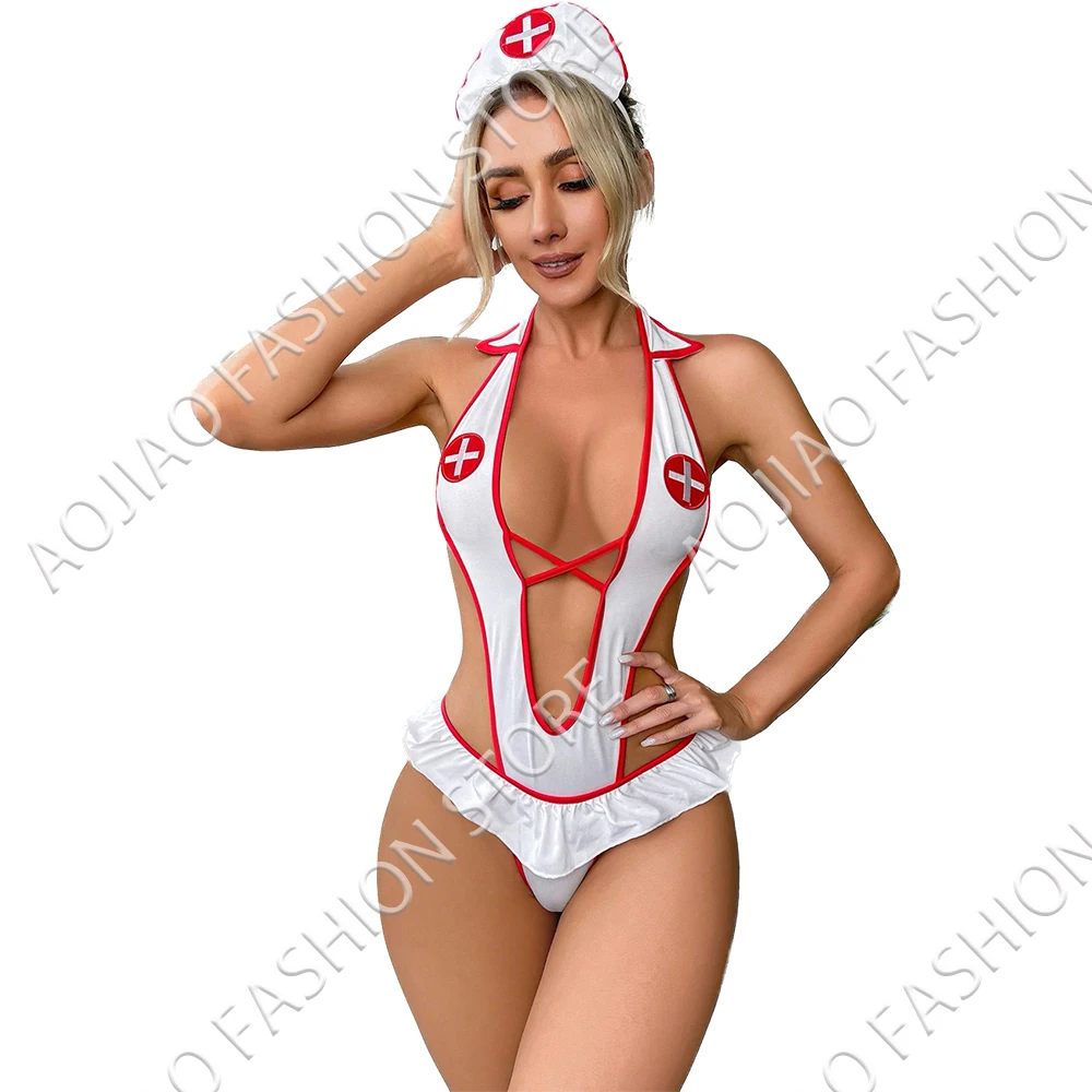 Cut Out Ruffle Trim Teddy Bodysuit & Headband Sexy Nurse Costumes, Women\'s Plus Contrast Trim Red Cross Patched Cami Lingerie