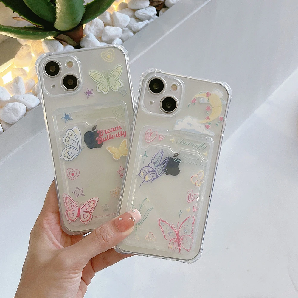 Beautiful Butterfly Card Hold Case for Xiaomi Redmi 13C 12C 10C 9A 9C Note 13 12 12s 11 10 9 8 Pro 4G 5G Anti-fall Clear Cover