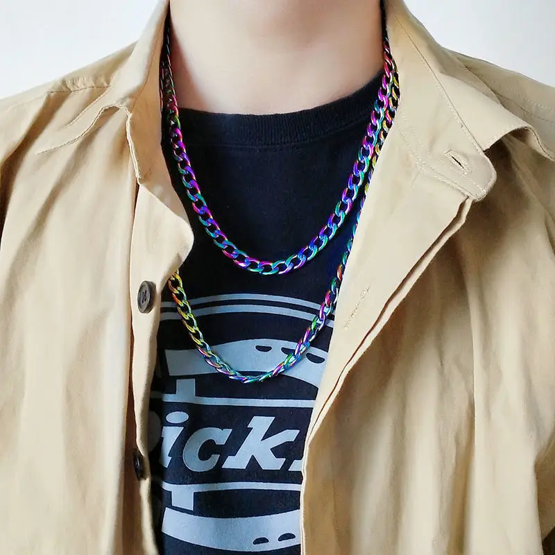 316L Stainless Steel Quenching Rainbow Clorful Cuba Link Chain Necklace for Men Women Jewelry