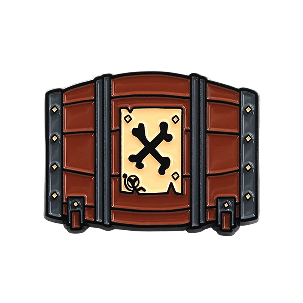 Retro Piraten-Schatztruhe-Brosche Sea of Thieves Action-Adventure-Spiel Totenkopf-Kreuzbein-Anstecknadel für Rucksäcke und Jacken – Detail 3