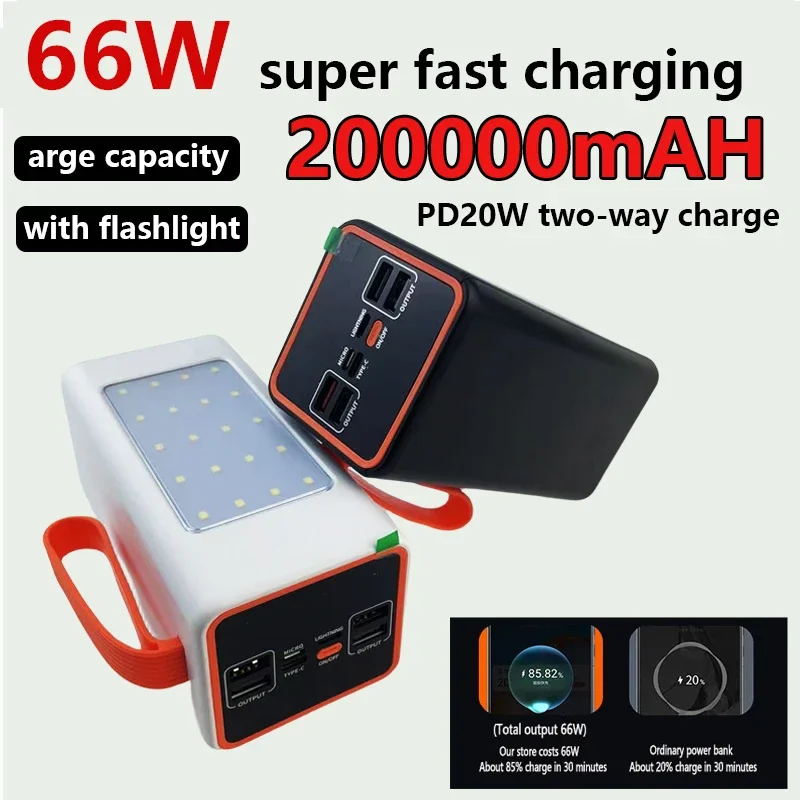 

66W portable charging bank 200000mAh high-power camping charging bank TypeC ultra fast charger mobile phone LED flashlight