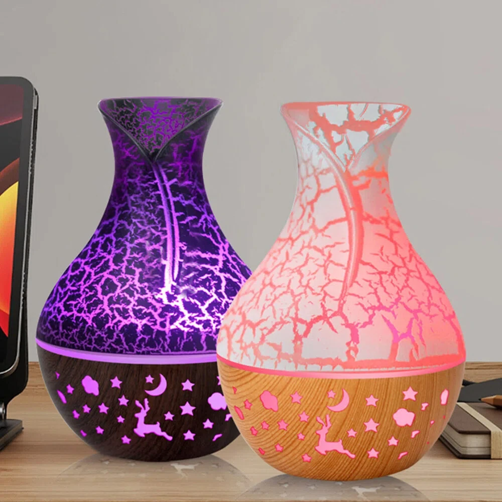 

USB Direct Plug-In Wood Grain Flower Vase Humidifier with Colorful Atmosphere Light Spray Device Portable Cracked Wood Pattern