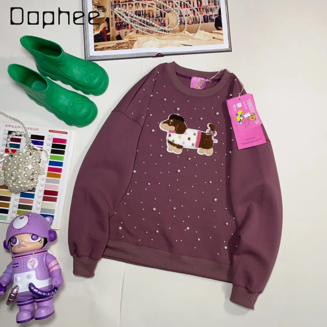 

Autumn New Korean Loose Sweatshirts Women Original Design Heavy Industry Beads Towel Embroidered Puppy Patch Round Neck Tops