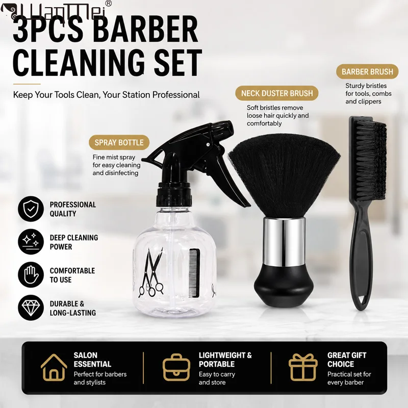 3PCS Professional Barber Cleaning Kit - Neck Duster Brush, Barber Brush & Spray Bottle Set for Hairdresser, Salon, Barbershop