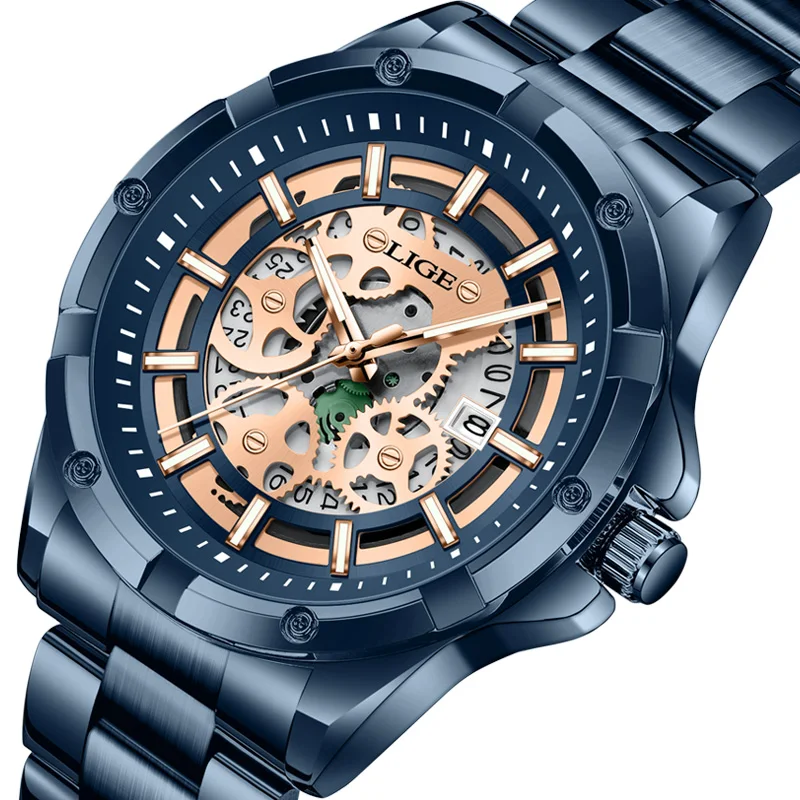 

New Mens Quartz Watches Top Brand Luxury Stainless Steel Waterproof Hollow Out Blue Big Male Wristwatches Relogios Masculino