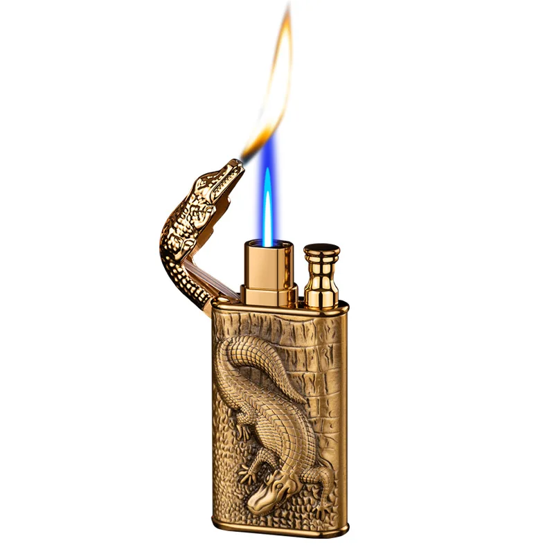 New 3D Relief Dragon Crocodile Double Fire Lighter Metal Windproof Jet Fire Open Fire Conversion Gas Lighter Smoking Men\'s Gift