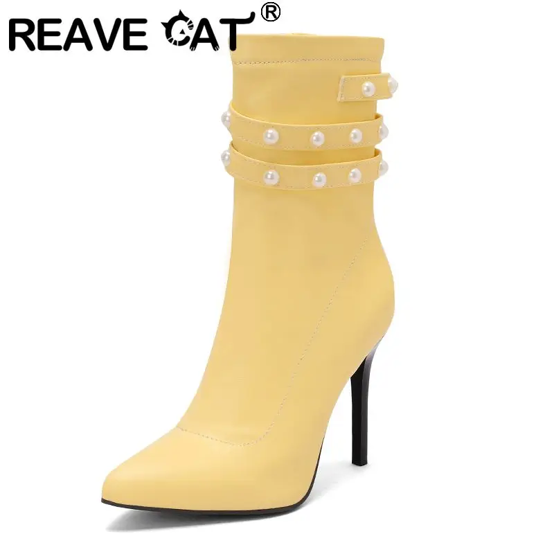 

REAVE CAT 2026 Fashion Women Boots Pointed Toe 10cm High Heels Back Zipper String Beads Party Bota Red Extended Sizes 46-48