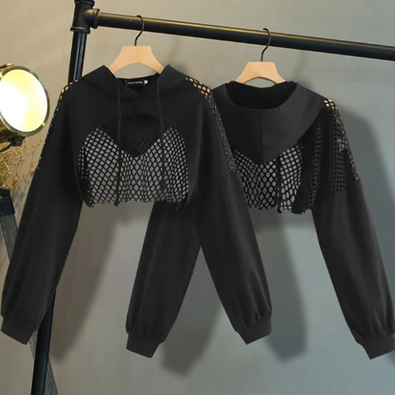 

Harajuku Style Mesh Patchwork Crop Top Sweatshirt Hoodies Women's Fashionable And Comfortable Streetwear for Autumn