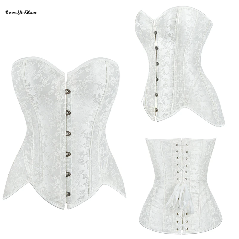 12 Elastic Boned Steampunk Gothic Corselet Floral Jacquard Lace Up Boned White Corset Top With 6 Brooches For Women