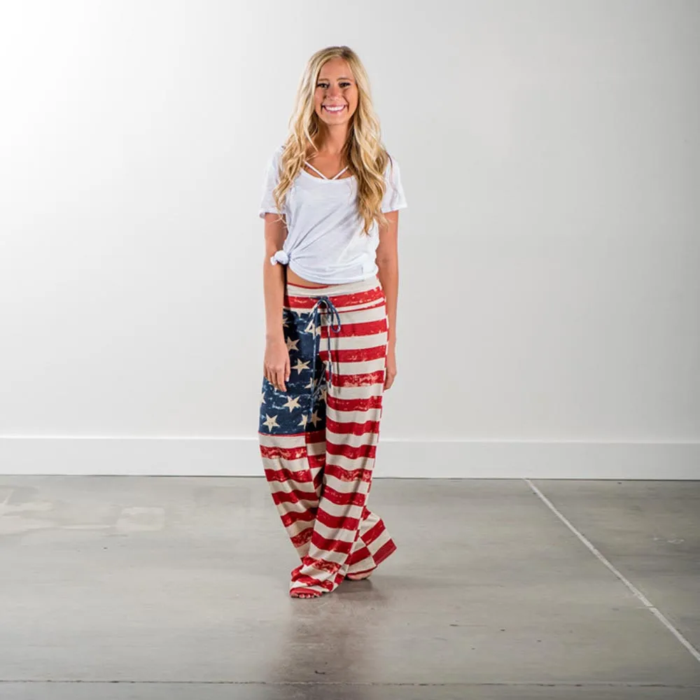 

Us Flag Printed High Waist Floor Length Females Pants Drawstring Loose Fit Straight Womens Pants Independence Day