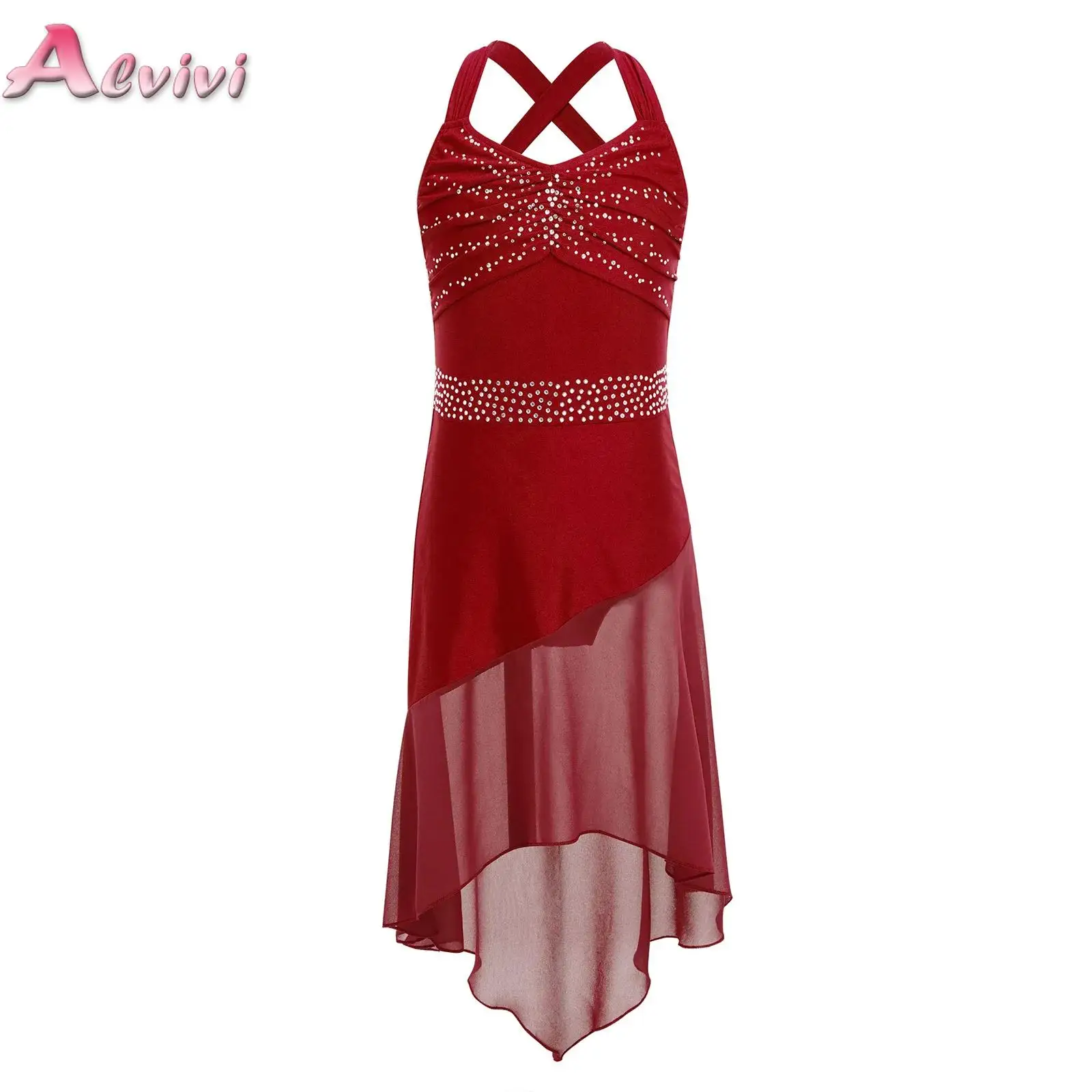 

Kids Girls Rhythmic Gymnastics Leotard Ballet Lyrical Latin Dance Costume Rhinestone Ruched Waltz Tango Ballet Jersey Dresses