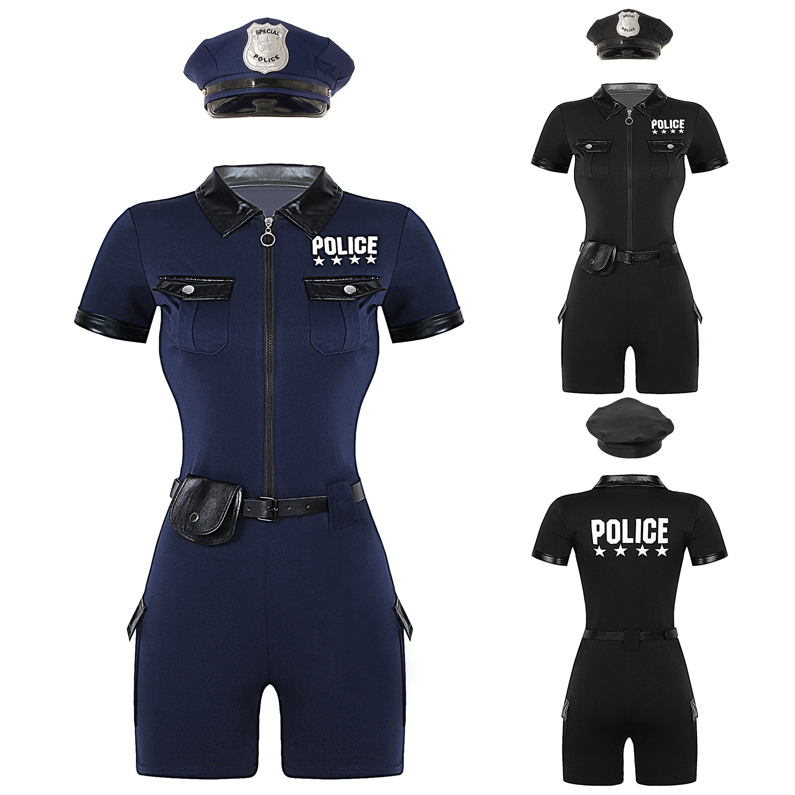 Sexy Women Policewoman Cosplay Costume Policeman Suit Short Sleeves Police Officer Role Play Jumpsuit with Belt Bag Hat