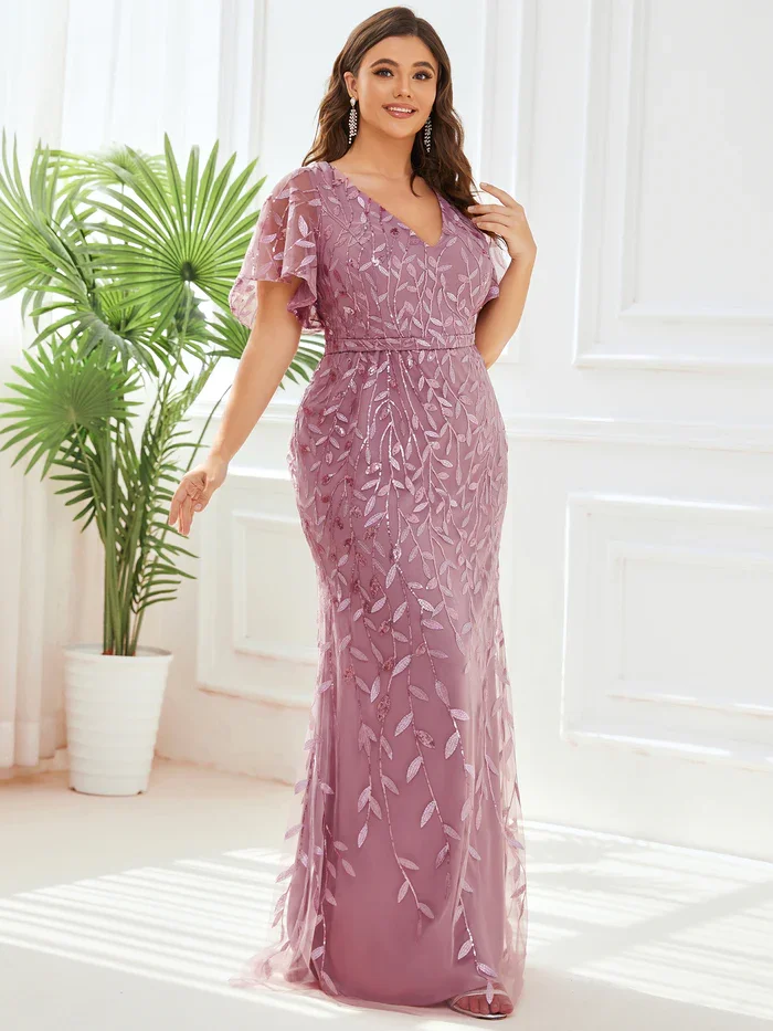 Gorgeous Plus Size Deep V Neck Leaf-Sequined Fishtail Sexy and elegant V Neck Maxi Bodycon Evening Dress with Flare Sleeves