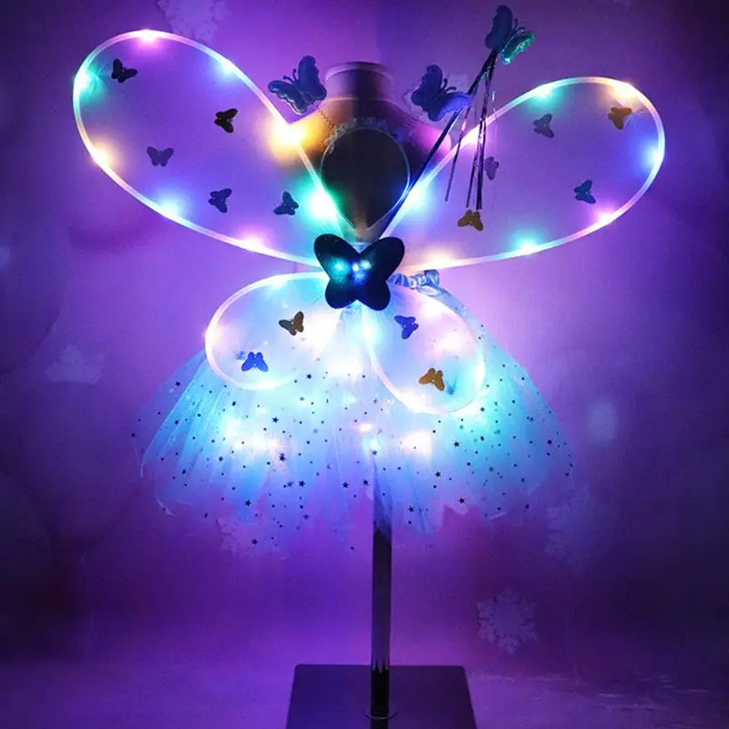 Fairy Angel Wing Insect Theme Costume for Kids Girls Flash Light Up Glitter Butterfly Wing Tutus Dress Wand Headband Set