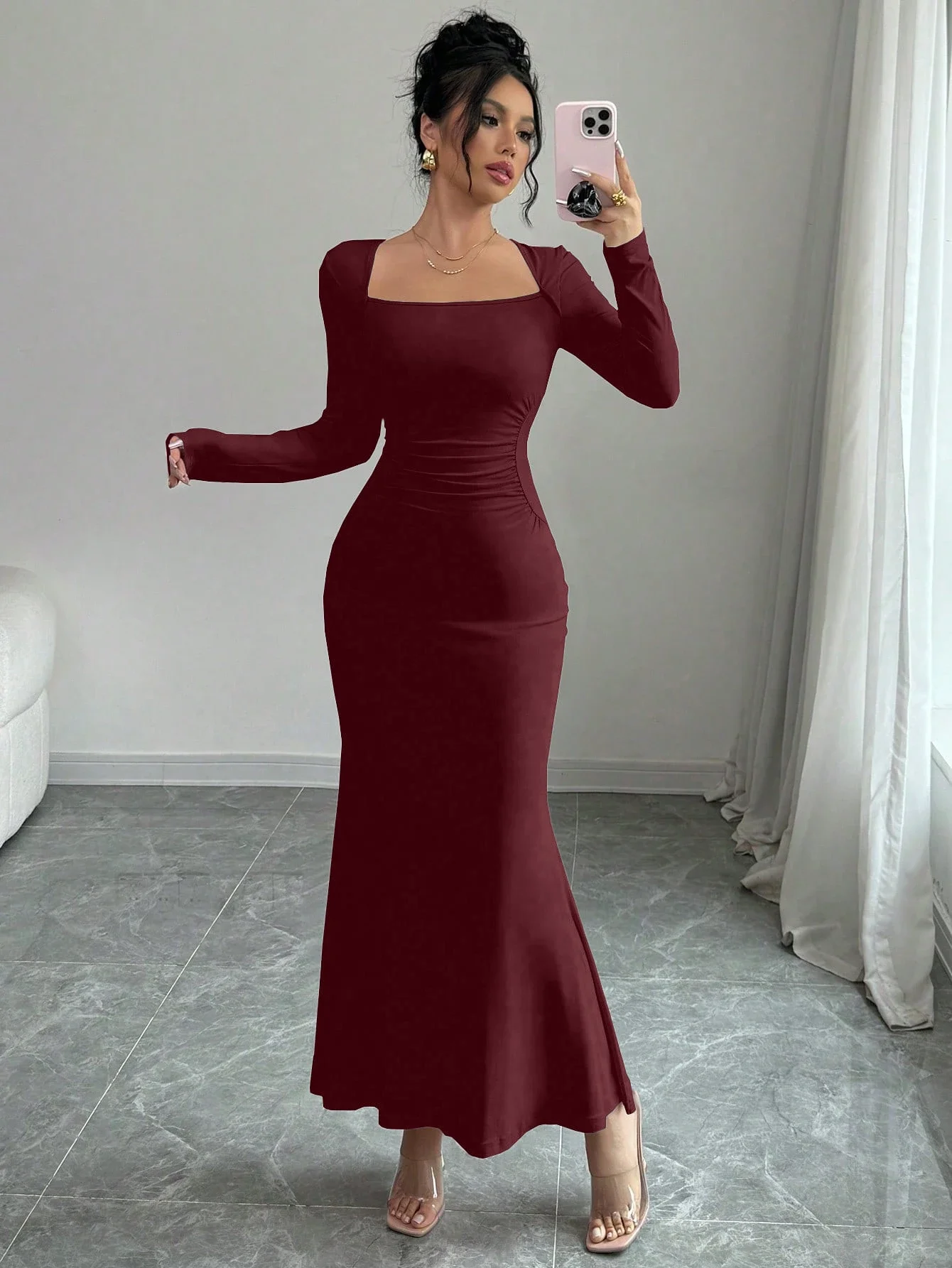 Women's Four Seasons New Style Women's Elegant Temperament Retro Solid Color Square Collar Long Sleeve Dress image 6
