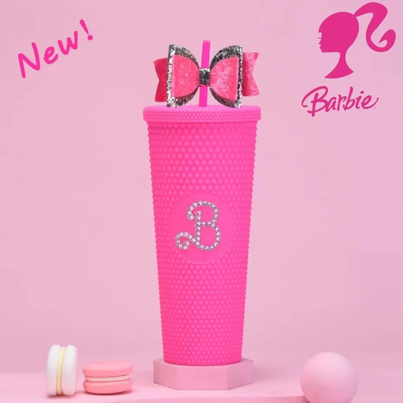 Miniso Barbie Pink Party Diamond Cup With Bling Bow Plastic Straw Insulated Water Bottle Glitter Tumbler For Girl Surprise Gifts