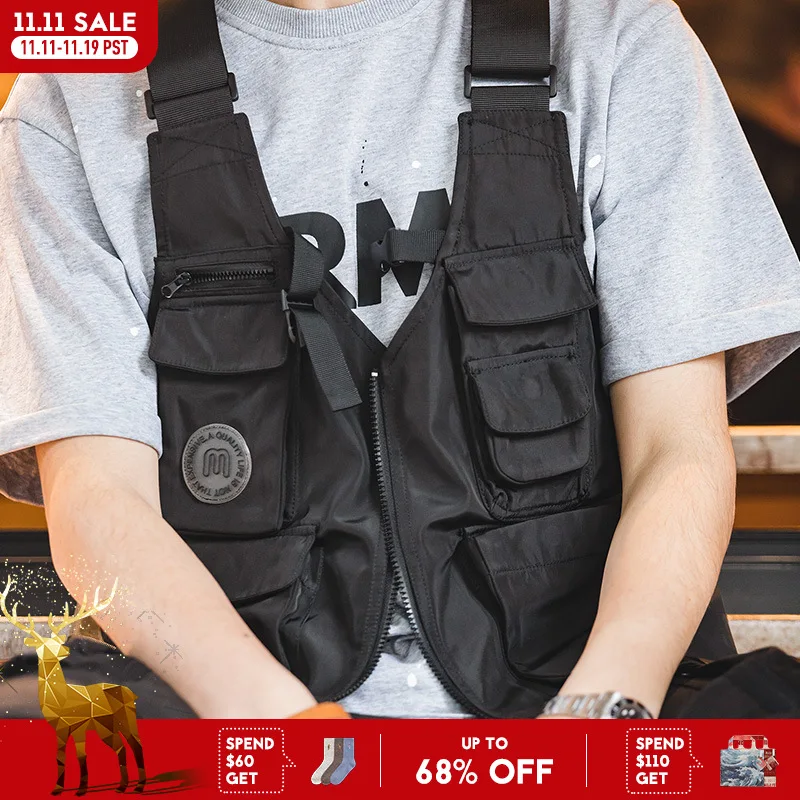 

Maden Men Multi-pocket Tactical Vest Jacket & Bag Japan Retro Multi-function Photography Waistcoat Wide Shoulder Strap Solid Bag