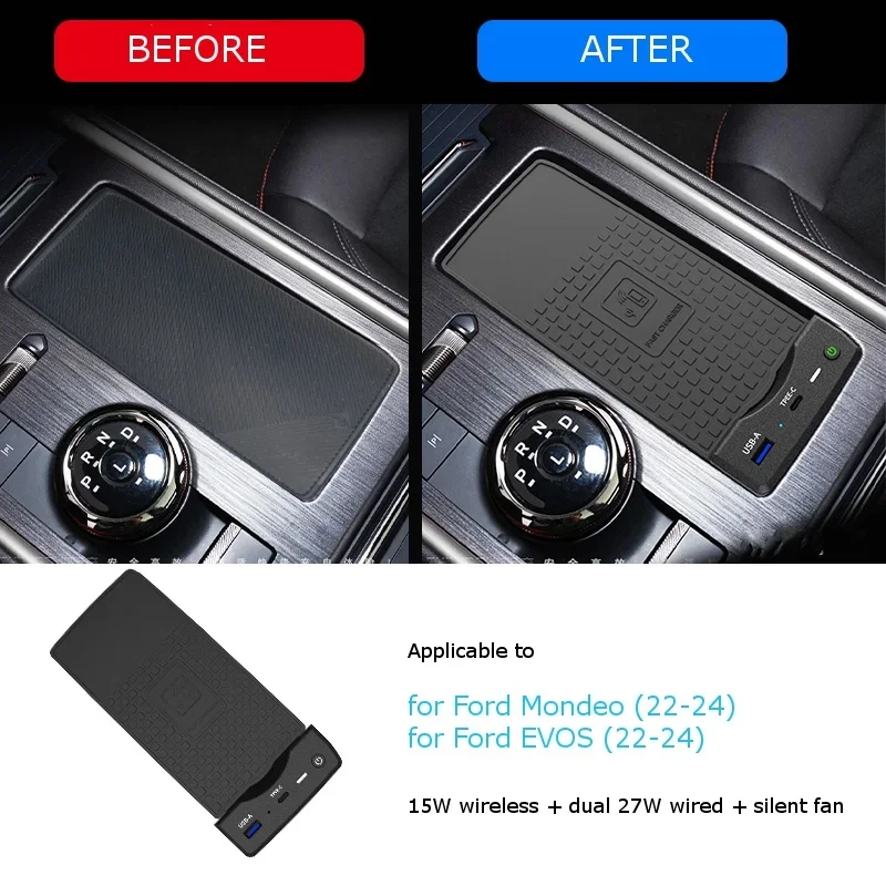 

For Ford EVOS/Mondeo 2022-2025 15W Car Wireless Charger Anti-slip Silicone Qi Fast Charging Pad Bracket Mobile Phone Holder