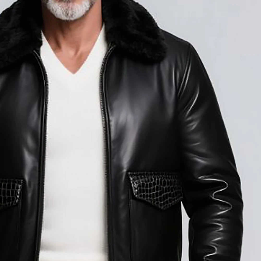 

Elegant PU Leather Fur Collar Men's Aviator Jacket Black Alligator Pattern Pocket Winter Zipper Warm Outerwear Chic Jacket Coat