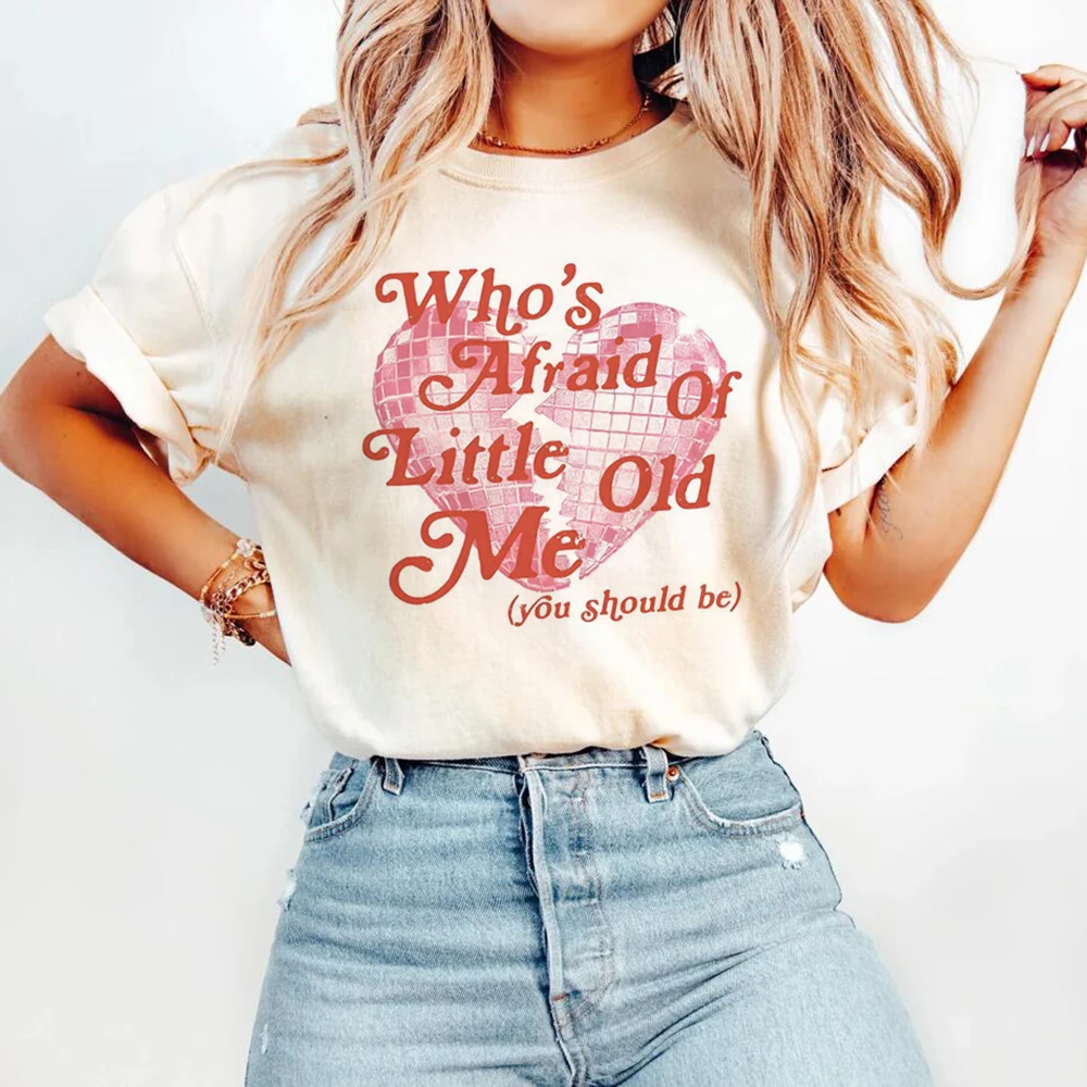 Who Afraid Of Little Old Me Heart Printed Pattern Fun Short Sleeve Basic Sweet Top T-Shirt Printed O-Neck Fashion Loose T-Shirt