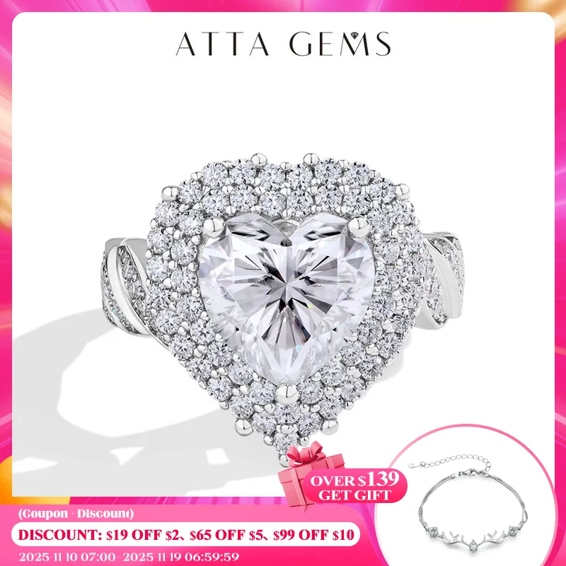 

ATTAGEMS Роскошное кольцо с бриллиантом из муассанита 4CT в форме сердца для женщин, полное D VVS1 S925, серебро ручной работы, свадебные украшения для невесты, настоящая любовь