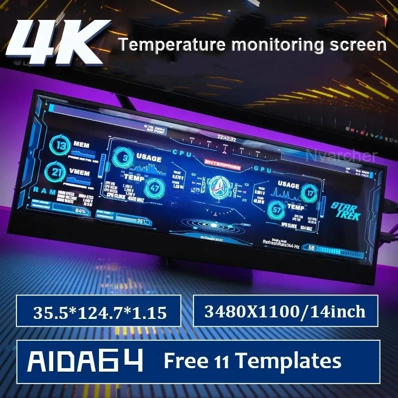 14 Inch 3840*1100 IPS Screen Temperature Control Dynamic Display Desktop AIDA64 Adjustable Brightness for Computer