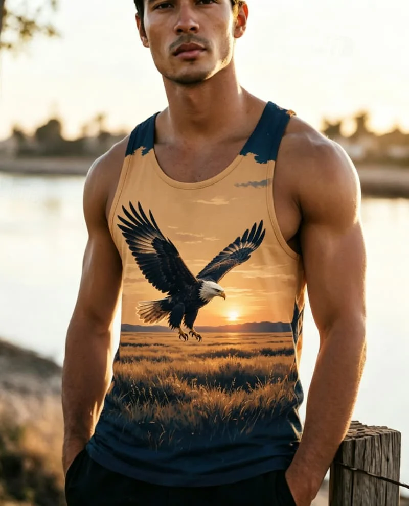 Men's natural landscape and animal print sleeveless tank top , for summer fitness, beach travel, daily travel, and casual wear