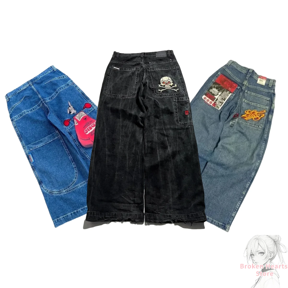 

Harajuku Hip Hop Retro Skull Graphic Embroidered JNCO Jeans New Baggy Jeans Denim Pants Men Women Goth High Waist Wide Trousers