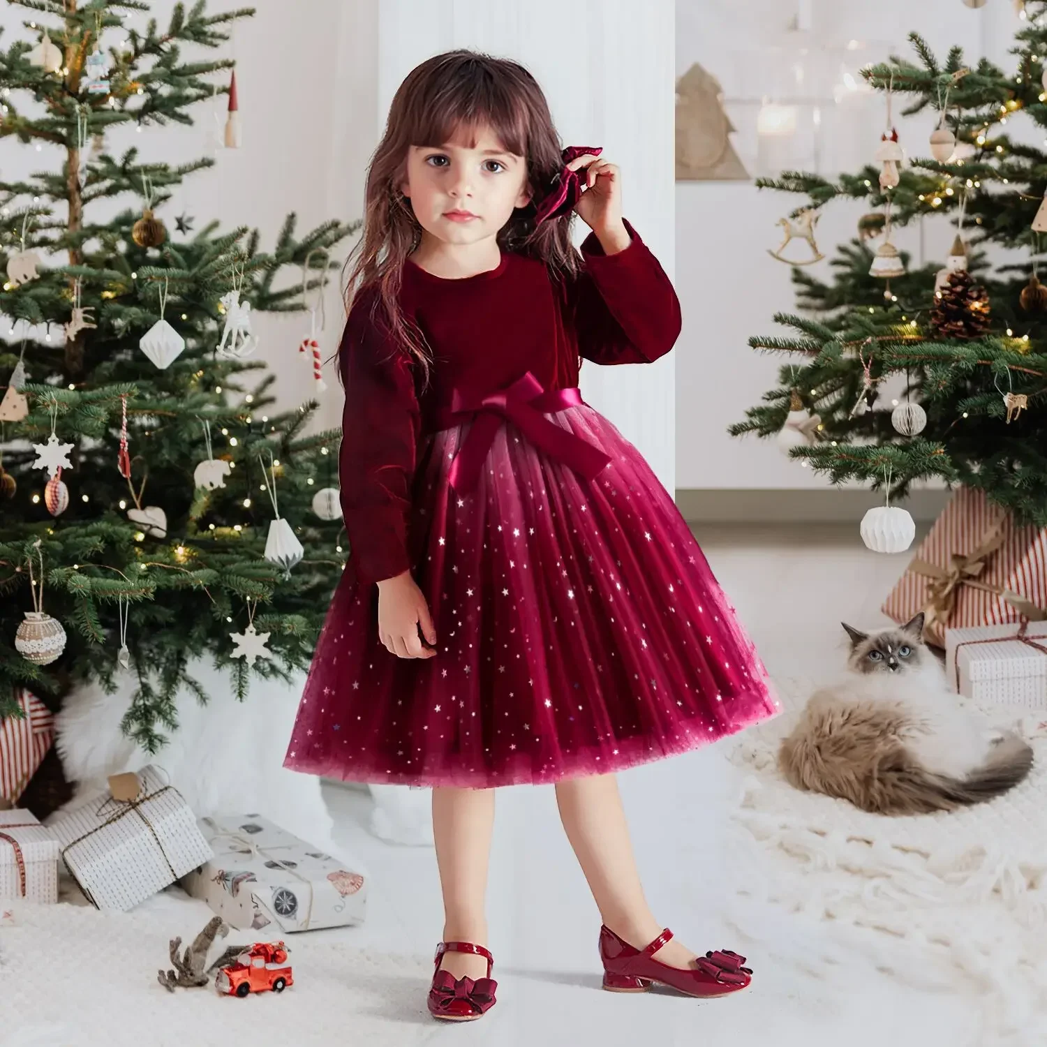 Sequins Princess Dress for Girls Autumn Winter Long Sleeve Bow Velvet Dress Baby Girl Warm Mesh Christmas Birtday Party Costumes